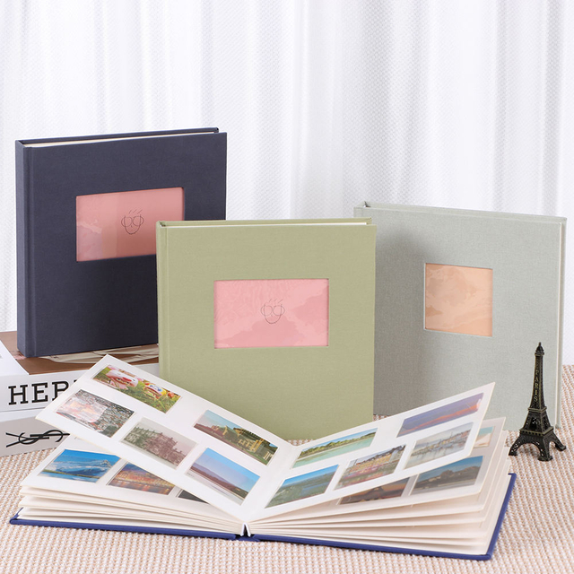 Album photo de bricolage Couverture en tissu en lin coloré avec fenêtre avant 6x4 Slip-in pour mariage Baby Family Photo Album